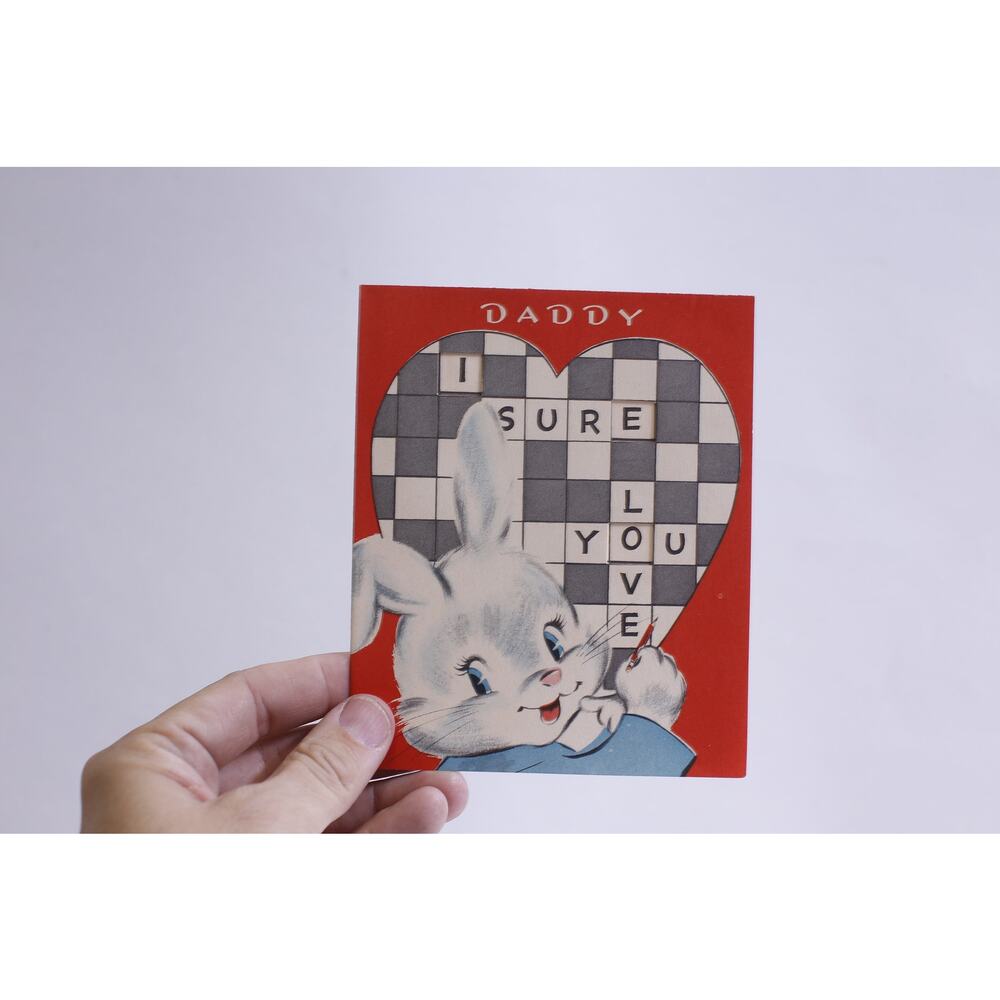 Rabbit Solving Crossword Puzzle, Love, Used, Valentine Card, Folding, Keepsake,